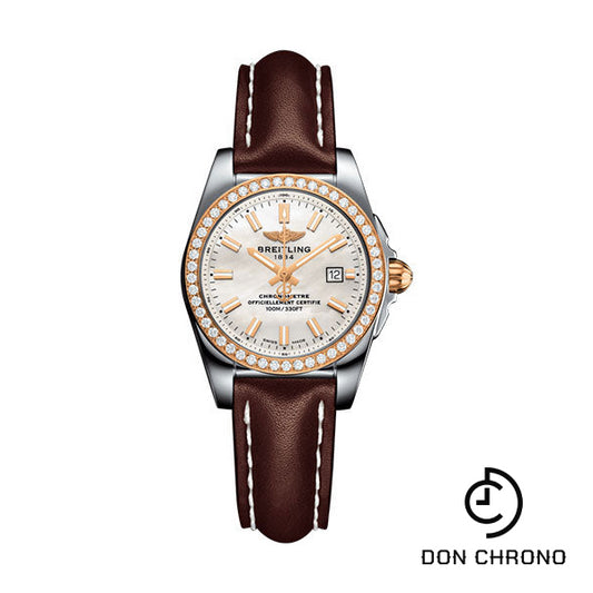 Breitling Galactic 29 Sleek Watch - Steel & rose Gold, gem-set bezel - Mother-Of-Pearl Dial - Brown Leather Strap - Tang Buckle - C7234853/A791/484X/A12BA.1