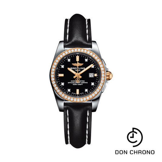 Breitling Galactic 29 Sleek Watch - Steel & rose Gold, gem-set bezel - Trophy Black Diamond Dial - Black Leather Strap - Tang Buckle - C7234853/BE86/477X/A12BA.1