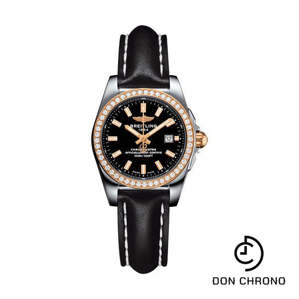 Breitling Galactic 29 Sleek Watch - Steel & rose Gold, gem-set bezel - Trophy Black Dial - Black Leather Strap - Tang Buckle - C7234853/BF32/477X/A12BA.1