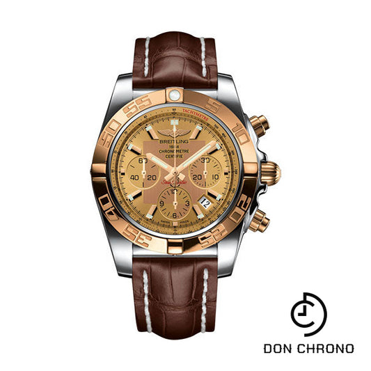 Breitling Chronomat 44 Watch - Steel & Gold - Golden Sun Dial - Brown Croco Strap - Deployant Buckle - CB011012/H548-Croco-Brown-Deployant