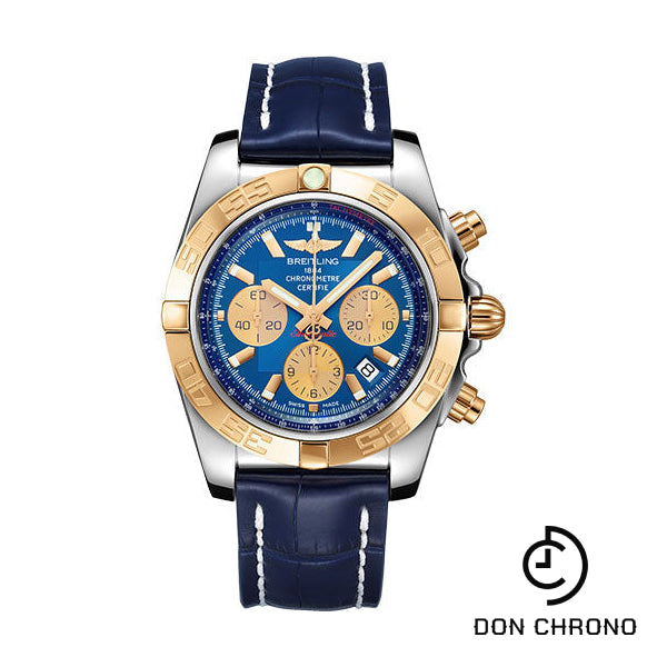 Breitling Chronomat 44 Watch - Steel & Gold - Metallica Blue Dial - Blue Alligator Strap - Tang Buckle - CB0110121C1P1