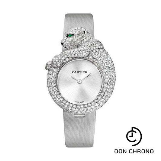 Cartier Feline de Cartier Watch - 43 mm White Gold Diamond Case - Light Gray Fabric Strap - HPI00341