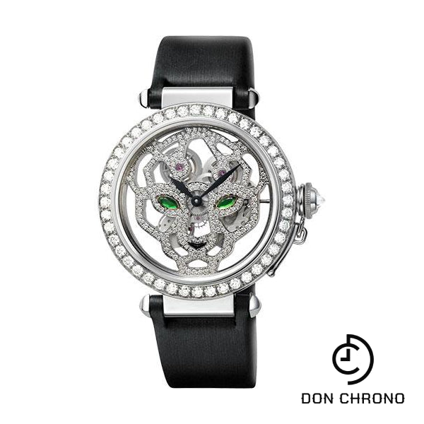 Cartier Pasha Skeleton Watch - 42 mm White Gold Diamond Case - White Gold Dial - Black Fabric Strap - HPI00365