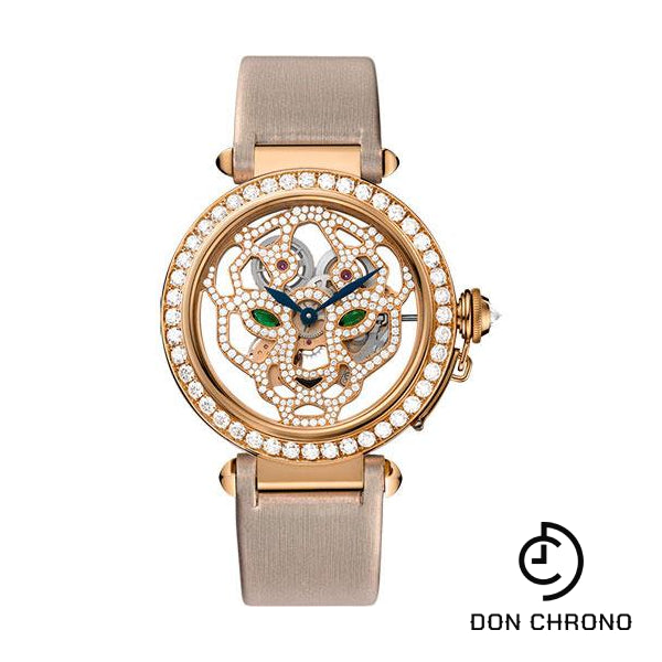 Cartier Pasha Skeleton Watch - 42 mm Pink Gold Diamond Case - Pink Gold Dial - Brown Fabric Strap - HPI00508