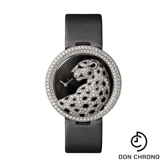 Cartier Panthere Divine Watch - 38 mm White Gold Diamond Case - Black Dial - Black Alligator Strap - HPI00648