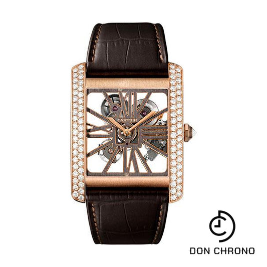 Cartier Tank MC Skeleton Watch - 34.5 mm Pink Gold Diamond Case - Diamond Bezel - Pink Gold Dial - Brown Alligator Strap - HPI00715