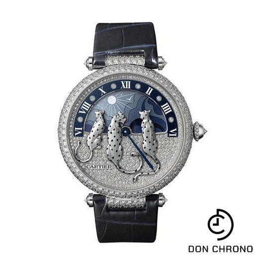 Cartier Reves de Pantheres Watch - 42.75 mm White Gold Diamond Case - White Gold Dial - Blue Alligator Strap - HPI00930