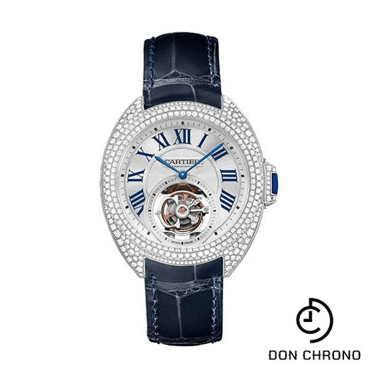 Cartier Cle de Cartier Flying Tourbillon Watch - 35 mm White Gold Diamond Case - Brass Dial - Navy Blue Alligator Strap - HPI00933