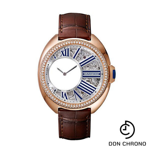 Cartier Cle de Cartier Mysterious Hours Watch - 41 mm Pink Gold Diamond Case - Silvered Openworked Grid Dial - Brown Alligator Strap - HPI00945