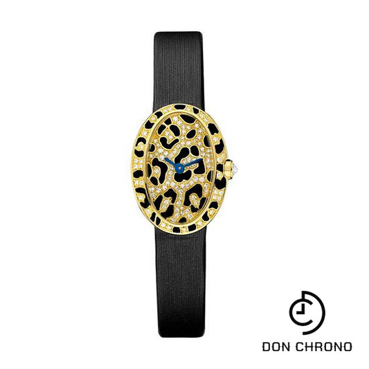 Cartier Mini Baignoire Panther Spots Watch - Yellow Gold Diamond Case - Diamond Dial - Dark Gray Fabric Strap - HPI00962