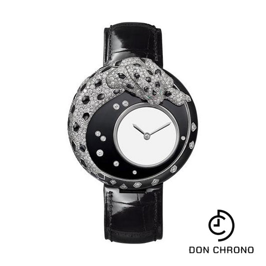 Cartier Panthere Mysterieuse Watch - 40 mm White Gold Diamond Case - Black Alligator Strap - HPI01011