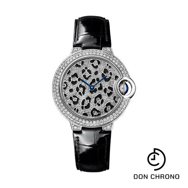 Cartier Ballon Bleu de Cartier Panther Spots Watch - 33 mm White Gold Diamond Case - Diamond Dial - Black Alligator Strap - HPI01064