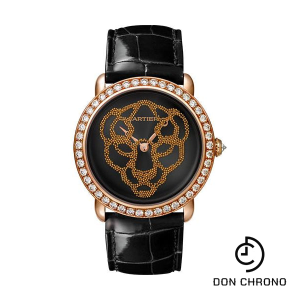 Cartier Revelation D'Une Panthere Watch - 37 mm Pink Gold Diamond Case - Black Dial - Black Alligator Strap - HPI01259