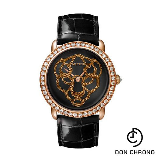 Cartier Revelation D'Une Panthere Watch - 37 mm Pink Gold Diamond Case - Black Dial - Black Alligator Strap - HPI01259