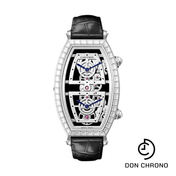 Cartier Tonneau Skeleton Xl Watch - 52.4 mm x 29.8 mm Platinum Diamond Case - Skeleton Dial - Black Leather Strap - HPI01291