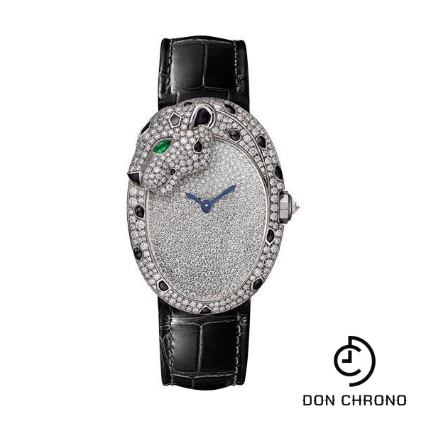 Cartier Panthere Lovee Watch - White Gold Diamond Case - Diamond-Set Shagreen Dial - Black Alligator Strap - HPI01352