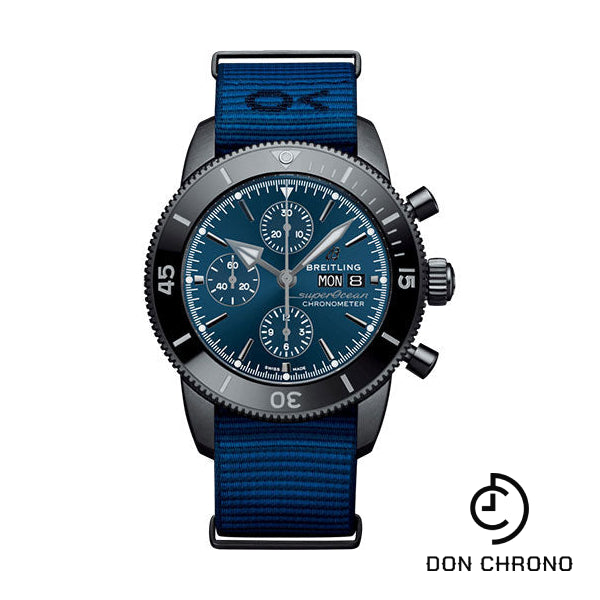 Breitling Superocean Heritage Chronograph 44 Outerknown Watch - Black steel - Blue Dial - Taffetas Dark Blue Nato Strap - Tang Buckle - M133132A1C1W1