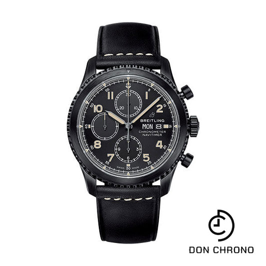 Breitling Aviator 8 Chronograph 43 Watch - Black Steel Case - Black Dial - Black Leather Strap - M13314101B1X1