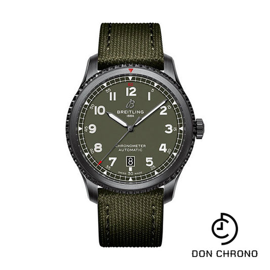 Breitling Aviator 8 Automatic 41 Black Steel Curtiss Warhawk Watch - DLC-Coated Stainless Steel - Green Dial - Khaki Green Calfskin Leather Strap - Folding Buckle - M173152A1L1X2