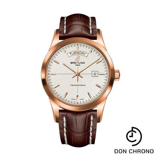 Breitling Transocean Day & Date Watch - 18k Red Gold - Mercury Silver Dial - Brown Croco Strap - Tang Buckle - R45310121G1P1