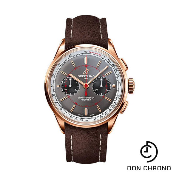 Breitling Premier B01 Chronograph 42 Wheels and Waves Limited Edition Watch - 18K Red Gold - Anthracite Dial - Brown Calfskin Leather Strap - Tang Buckle Limited Edition of 100 - RB0118A31B1X1