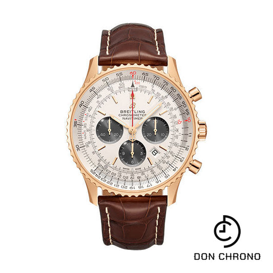 Breitling Navitimer B01 Chronograph 46 Watch - 18k Red Gold - Silver Dial - Brown Croco Strap - Folding Buckle - RB0127121G1P2