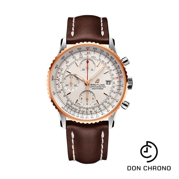 Breitling Navitimer Chronograph 41 Watch - Steel & Red Gold - Mercury Silver Dial - Brown Leather Strap - Tang Buckle - U13324211G1X1