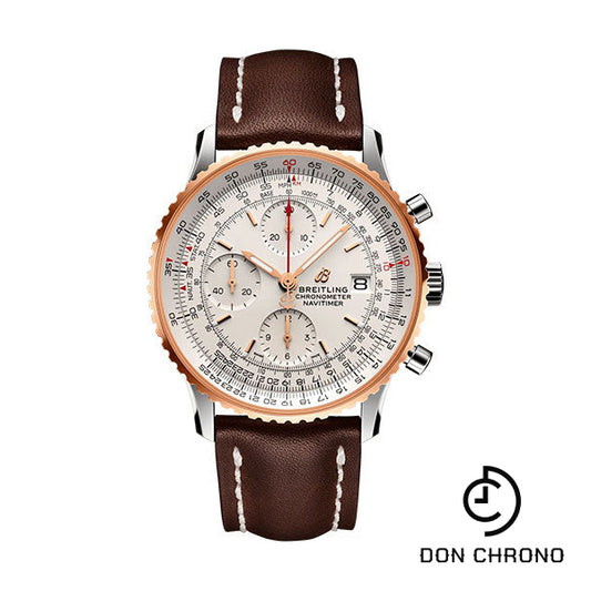 Breitling Navitimer Chronograph 41 Watch - Steel and 18K Red Gold - Silver Dial - Brown Calfskin Leather Strap - Folding Buckle - U13324211G1X2