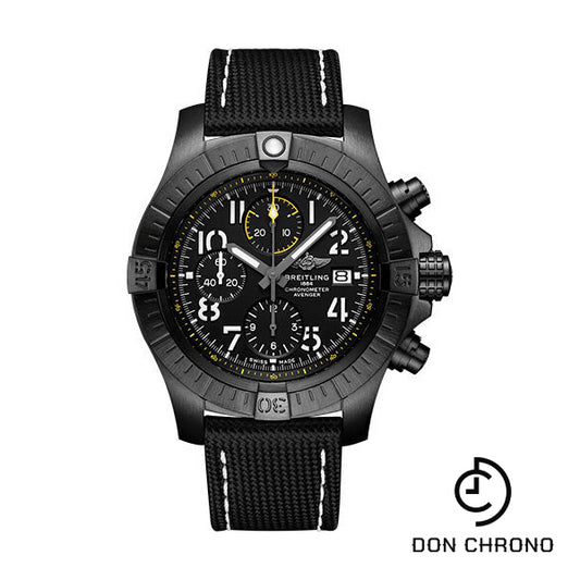 Breitling Avenger Chronograph 45 Night Mission Watch - DLC-Coated Titanium - Black Dial - Anthracite Calfskin Leather Strap - Tang Buckle - V13317101B1X1