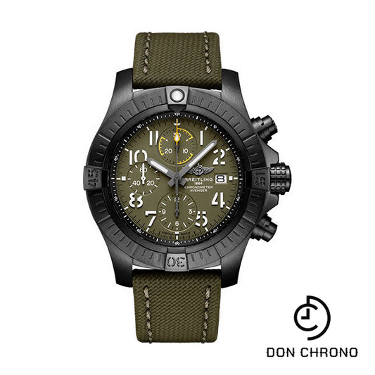Breitling Avenger Chronograph 45 Night Mission Watch - DLC-Coated Titanium - Green Dial - Khaki Green Calfskin Leather Strap - Folding Buckle - V13317101L1X2