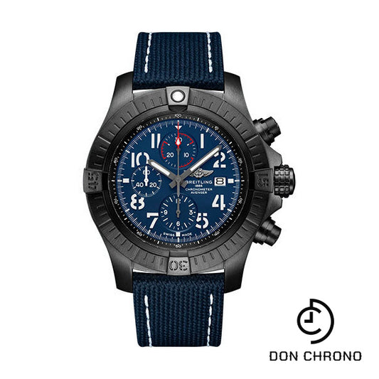 Breitling Super Avenger Chronograph 48 Night Mission Watch - DLC-Coated Titanium - Blue Dial - Blue Calfskin Leather Strap - Folding Buckle - V13375101C1X2