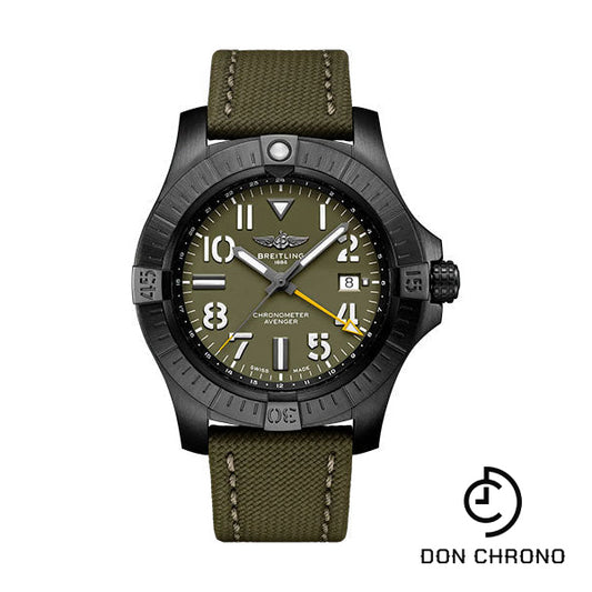 Breitling Avenger Automatic GMT 45 Night Mission Limited Edition Watch - DLC-Coated Titanium - Green Dial - Khaki Green Calfskin Leather Strap - Tang Buckle Limited Edition of 2000 - V323952A1L1X1
