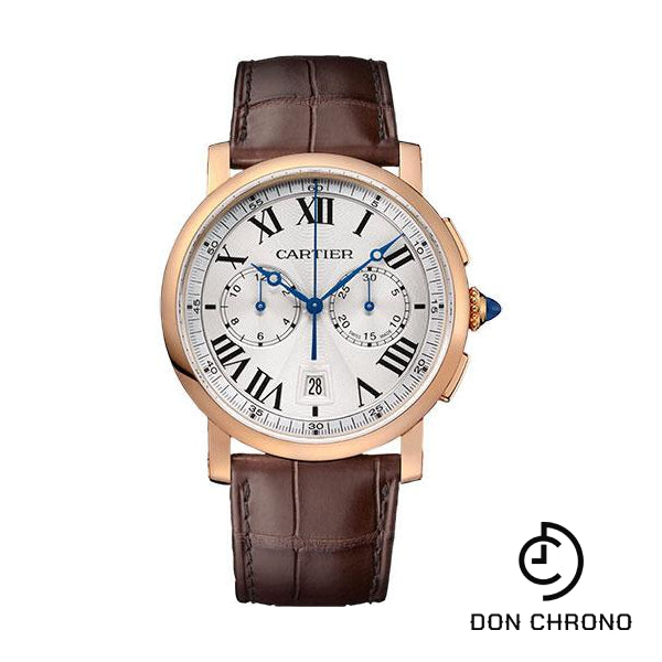 Cartier Rotonde de Cartier Chronograph Watch - 40 mm Pink Gold Case - Silvered Effect Dial - Brown Alligator Strap - W1556238