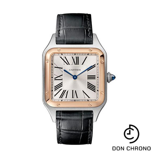 Cartier Santos-Dumont Watch - 43.5 mm Pink Gold And Steel Case - Silver Dial - Black Strap - W2SA0011