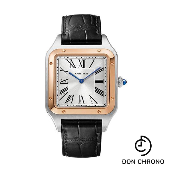 Cartier Santos-Dumont Watch - 46.6 mm x 33.9 mm Steel Case - Pink Gold Bezel - Silver Dial - Black Leather Strap - W2SA0017