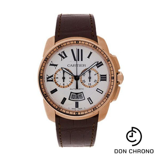 Cartier Calibre de Cartier Chronograph Watch - 42 mm Pink Gold Case - Silver Dial - Brown Alligator Strap - W7100044