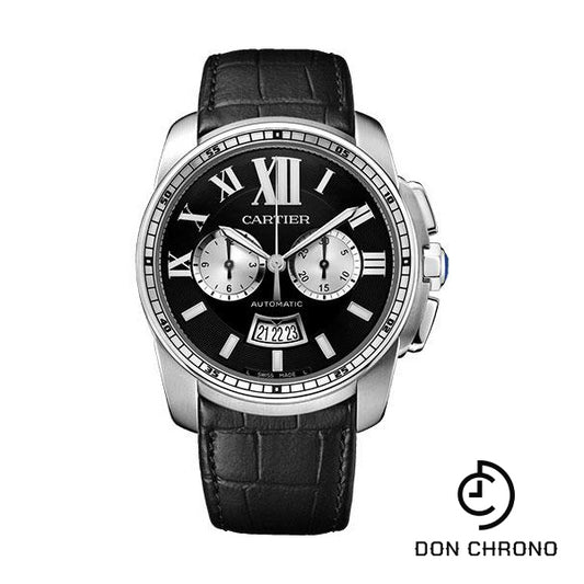 Cartier Calibre de Cartier Chronograph Watch - 42 mm Steel Case - Black Dial - Black Alligator Strap - W7100060