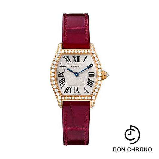 Cartier Tortue Watch - 30 mm Pink Gold Diamond Case - Bordeaux Alligator Strap - WA501006