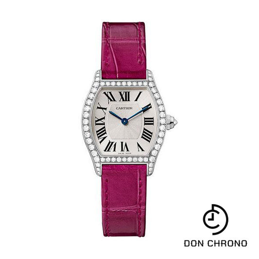 Cartier Tortue Watch - 30 mm White Gold Diamond Case - Fuchsia-Pink Alligator Strap - WA501007