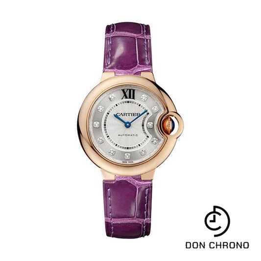 Cartier Ballon Bleu de Cartier Watch - 33 mm Pink Gold Case - Diamond Dial - Purple Alligator Strap - WE902040