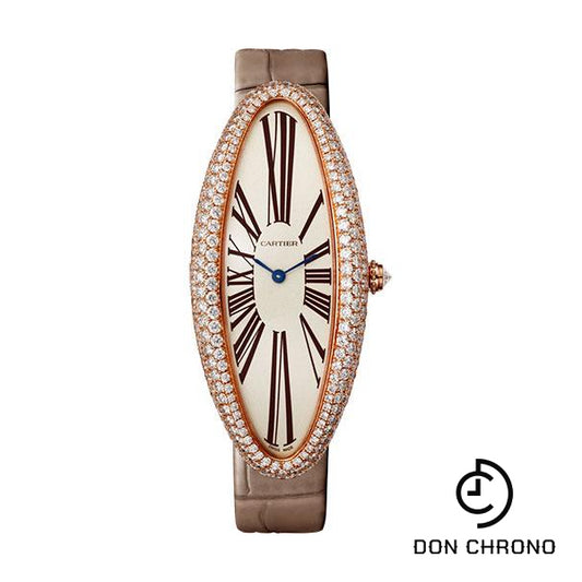 Cartier Baignoire Allongee Watch - 52 mm Pink Gold Diamond Case - Taupe Strap - WJBA0008