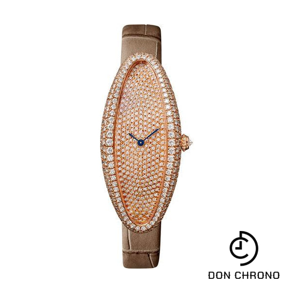 Cartier Baignoire Allongee Watch - 47 mm Pink Gold Diamond Case - Diamond Dial - Taupe Strap - WJBA0010