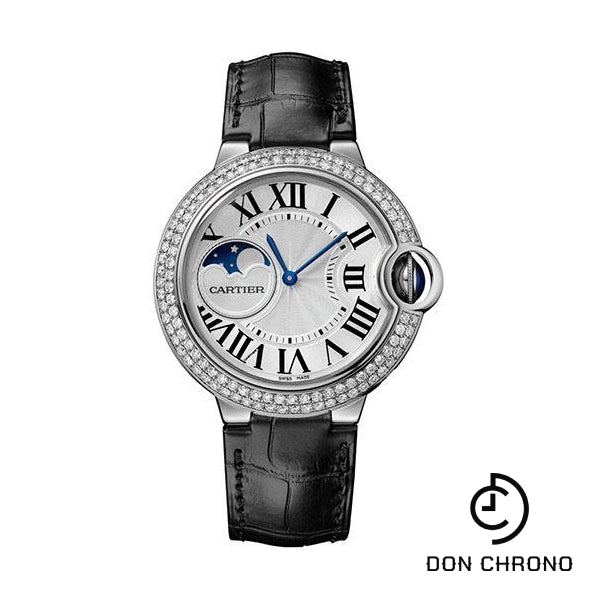 Cartier Ballon Bleu de Cartier Moonphase Watch - 37 mm White Gold Case - Diamond Paved Bezel - Silver Dial - Black Alligatgor Strap - WJBB0028