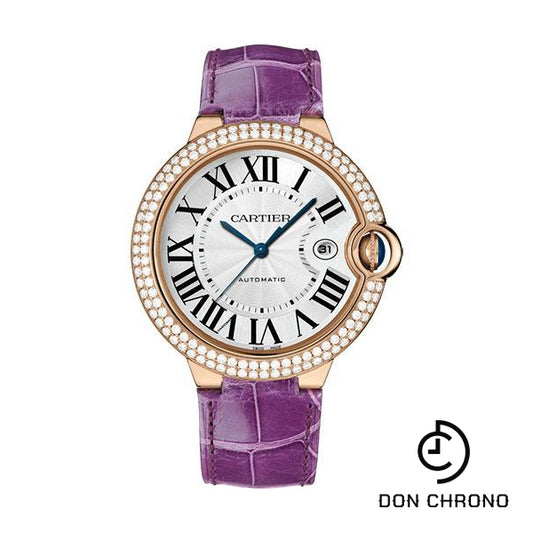 Cartier Ballon Bleu de Cartier Watch - 42 mm Yellow Gold Diamond Case - White Dial - Purple Alligator Strap - WJBB0031