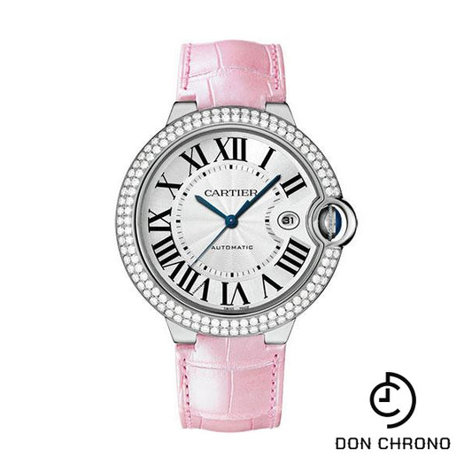 Cartier Ballon Bleu de Cartier Watch - 42 mm White Gold Diamond Case - White Dial - Pink Alligator Strap - WJBB0032