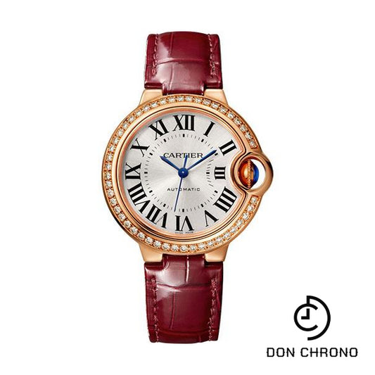 Cartier Ballon Bleu de Cartier Watch - 33 mm Pink Gold Case - Diamond Bezel - Burgundy Alligator Strap - WJBB0033