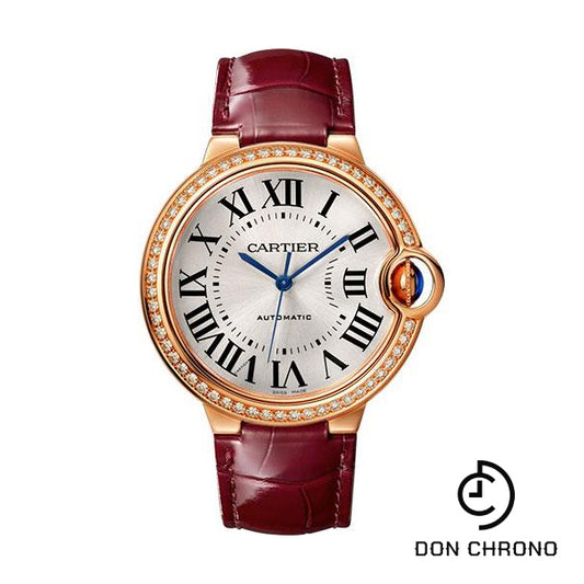 Cartier Ballon Bleu de Cartier Watch - 36 mm Pink Gold Case - Diamond Bezel - Burgundy Alligator Strap - WJBB0034