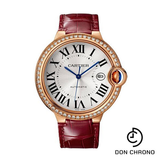 Cartier Ballon Bleu de Cartier Watch - 42 mm Pink Gold Case - Diamond Bezel - Burgundy Alligator Strap - WJBB0035
