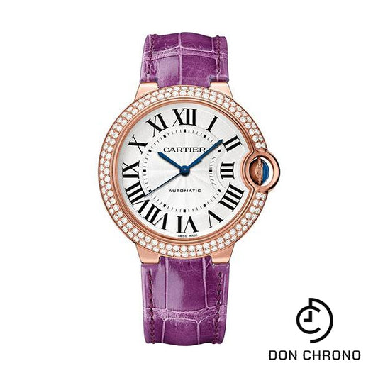 Cartier Ballon Bleu de Cartier Watch - 36 mm Rose Gold Diamond Case - Opaline Dial - Purple Alligator Strap - WJBB0050