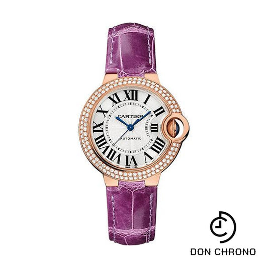 Cartier Ballon Bleu de Cartier Watch - 33 mm Rose Gold Diamond Case - Opaline Dial - Purple Alligator Strap - WJBB0051